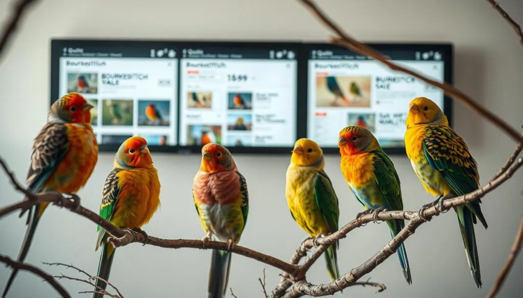 A meticulously detailed comparison of Bourkesittich offers on popular online platforms like Quoka, Tiermarkt, and similar. In the foreground, various Bourkesittich birds perched on tree branches, showcasing their vibrant plumage and unique characteristics. In the middle ground, a collage of device screens displaying listings and advertisements for Bourkesittich sales. In the background, a clean, minimalist backdrop with soft, warm lighting to highlight the subject. Crisp, high-resolution, and hyperrealistic image captured with a Sony A7R IV camera and polarizer filter for maximum clarity and depth of field.