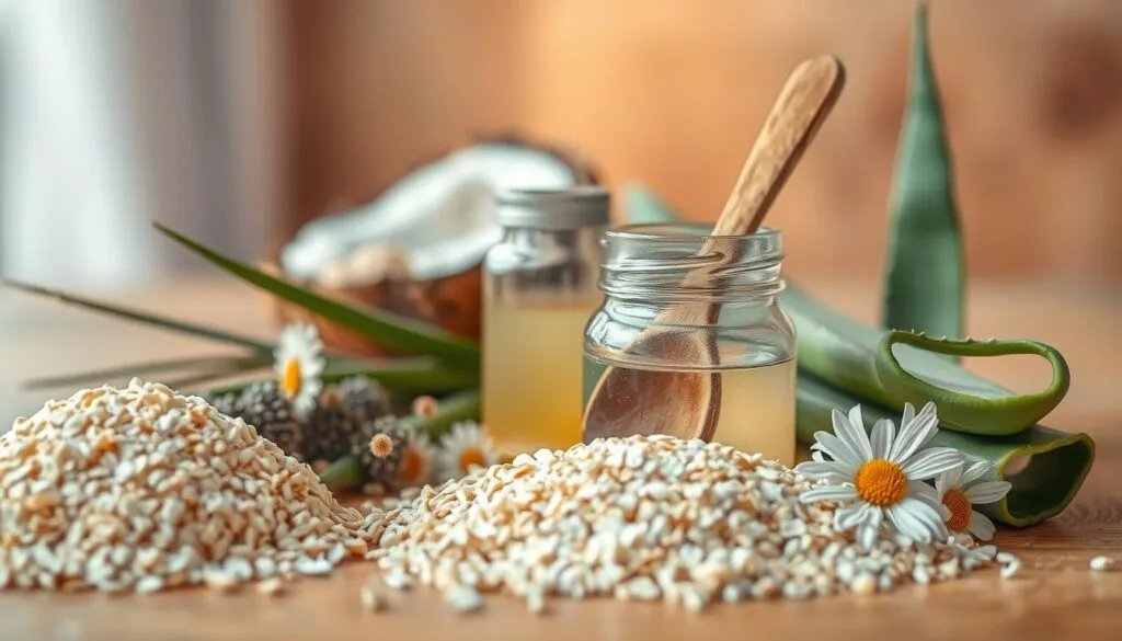 A neatly arranged still life featuring a variety of natural ingredients commonly used to soothe dog skin irritation and itching. In the foreground, a selection of whole and crushed oatmeal, aloe vera leaves, and chamomile flowers. In the middle ground, a glass jar filled with coconut oil and a wooden spoon for application. The background is softly blurred, with a gentle warm light illuminating the scene, highlighting the textures and colors of the natural remedies. The overall tone is calming and medicinal, conveying the soothing and healing properties of these ingredients for dogs. A neatly arranged still life featuring a variety of natural ingredients commonly used to soothe dog skin irritation and itching. In the foreground, a selection of whole and crushed oatmeal, aloe vera leaves, and chamomile flowers. In the middle ground, a glass jar filled with coconut oil and a wooden spoon for application. The background is softly blurred, with a gentle warm light illuminating the scene, highlighting the textures and colors of the natural remedies. The overall tone is calming and medicinal, conveying the soothing and healing properties of these ingredients for dogs.