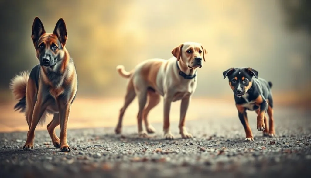 A photorealistic image of various dog breeds, each showcasing unique joint issues they may face. In the foreground, a proud German Shepherd with slight hip dysplasia, standing tall yet favoring one hind leg. In the middle ground, an elderly Labrador Retriever carefully navigating the scene, joints visibly stiff. Further back, a young Bernese Mountain Dog puppy playfully hopping, hinting at the potential for elbow/shoulder problems. Soft, natural lighting illuminates the scene, creating a warm, documentary-style feel. The overall composition emphasizes the diversity of canine joint challenges, conveying the nuanced realities facing different dog breeds.