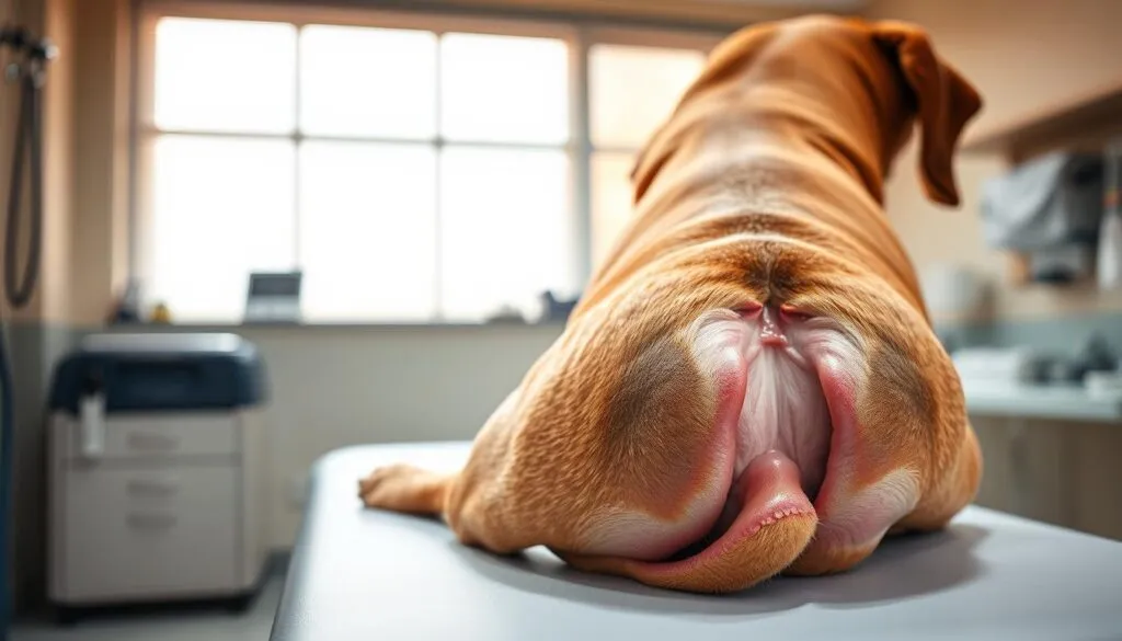 A professional veterinarian's office, illuminated by warm, natural lighting. On the examination table, a detailed, high-resolution image of a dog's anal sac, showcasing the intricate anatomy and potential issues that may require veterinary intervention. The scene conveys a sense of professionalism and medical expertise, with the appropriate tools and equipment visible in the background, suggesting the comprehensive nature of the veterinary services offered. The overall mood is one of informative clarity, inviting the viewer to learn more about the specialized procedures and associated costs involved in the treatment of this common canine condition.
