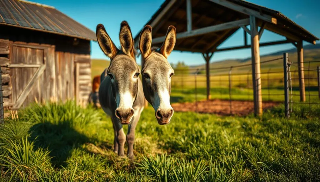 A rustic farm scene with a weathered wooden shed and a pen for a docile grey donkey. The donkey stands calmly, its soft eyes gazing towards the viewer. Lush green grass and a clear blue sky create a peaceful, idyllic atmosphere. The scene is bathed in warm, golden sunlight, casting long shadows. In the background, a wrought-iron fence and rolling hills hint at the serene, pastoral setting. The camera captures this charming tableau with exceptional clarity, texture, and depth, showcasing the donkey's gentle presence and the tranquil rural surroundings. A rustic farm scene with a weathered wooden shed and a pen for a docile grey donkey. The donkey stands calmly, its soft eyes gazing towards the viewer. Lush green grass and a clear blue sky create a peaceful, idyllic atmosphere. The scene is bathed in warm, golden sunlight, casting long shadows. In the background, a wrought-iron fence and rolling hills hint at the serene, pastoral setting. The camera captures this charming tableau with exceptional clarity, texture, and depth, showcasing the donkey's gentle presence and the tranquil rural surroundings.