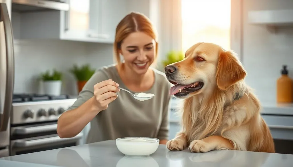 A serene kitchen scene showcasing a woman carefully feeding a fluffy golden retriever a spoonful of creamy, homemade yogurt. Soft natural light filters through the window, casting a warm glow on the pair. The dog sits attentively, tongue out, eager to savor the healthy treat. Gleaming stainless steel appliances and pristine white countertops provide a clean, modern backdrop. Vibrant potted herbs on the windowsill add a touch of greenery. The woman's expression is one of calm contentment as she ensures a safe, nutritious meal for her canine companion. Precisely composed to highlight the bond between human and dog, this heartwarming image conveys the joy of responsibly incorporating yogurt into a dog's diet.