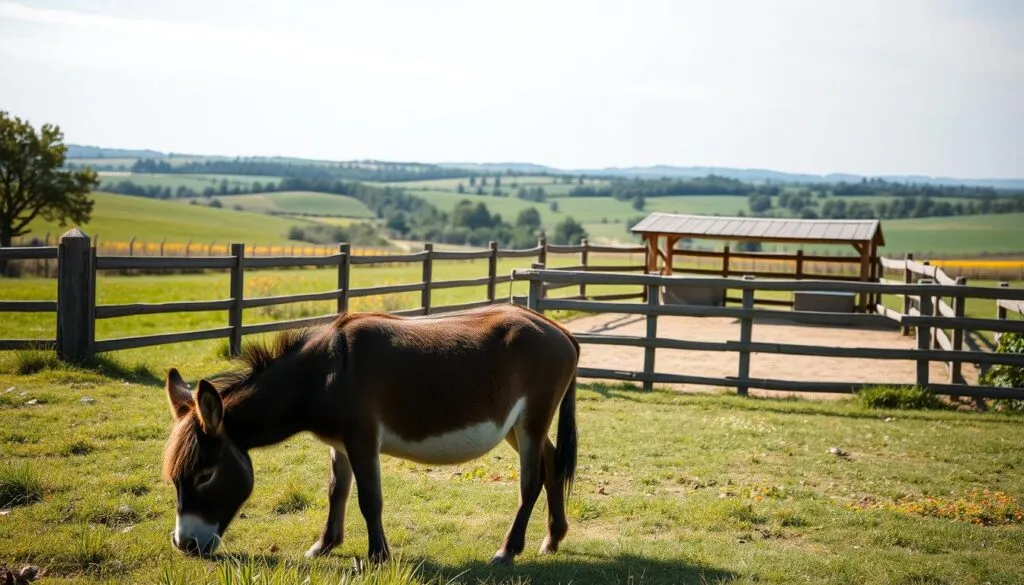 A serene pastoral scene of a well-maintained donkey enclosure. In the foreground, a healthy, well-groomed donkey grazes peacefully on lush green grass. The middle ground features a sturdy wooden fence surrounding a spacious pen, with a clean, well-bedded shelter. In the background, a picturesque countryside landscape unfolds, with rolling hills, vibrant wildflowers, and a clear blue sky overhead. Warm, natural lighting illuminates the scene, captured with a sharp, focused lens and a polarizer filter for enhanced clarity and contrast. The overall atmosphere conveys a sense of tranquility and care, reflecting the responsible, knowledgeable approach to donkey husbandry. A serene pastoral scene of a well-maintained donkey enclosure. In the foreground, a healthy, well-groomed donkey grazes peacefully on lush green grass. The middle ground features a sturdy wooden fence surrounding a spacious pen, with a clean, well-bedded shelter. In the background, a picturesque countryside landscape unfolds, with rolling hills, vibrant wildflowers, and a clear blue sky overhead. Warm, natural lighting illuminates the scene, captured with a sharp, focused lens and a polarizer filter for enhanced clarity and contrast. The overall atmosphere conveys a sense of tranquility and care, reflecting the responsible, knowledgeable approach to donkey husbandry.