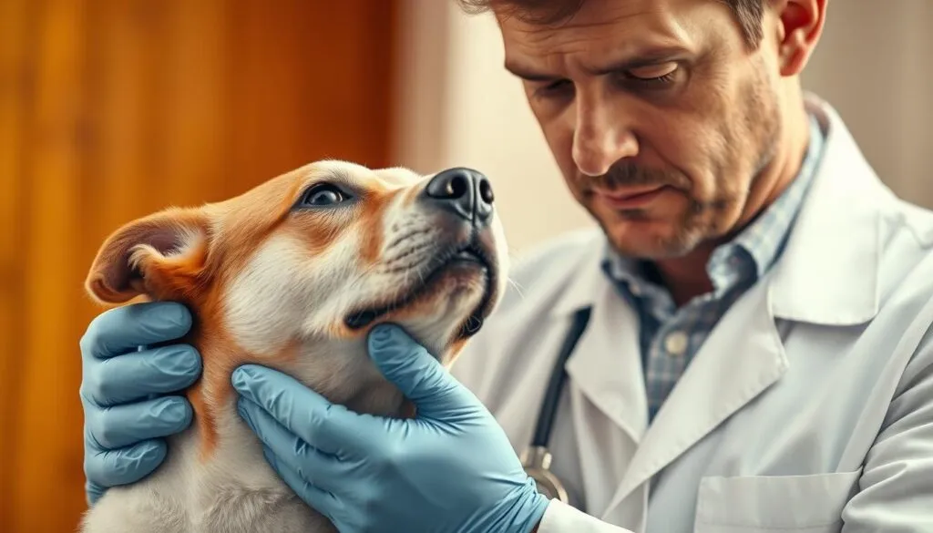 A veterinarian carefully examining a dog's throat, searching for signs of a persistent hiccup. The dog's head is gently tilted back, with the vet's gloved hands carefully palpating the neck area. The vet's face is focused, brow furrowed in concentration as they diagnose the issue. Warm, natural lighting illuminates the scene, highlighting the texture of the dog's fur and the vet's crisp, white coat. The background is blurred, keeping the attention on the medical examination. Sharply defined, polarized details capture the nuanced expressions and the delicate care taken during this crucial diagnostic moment.