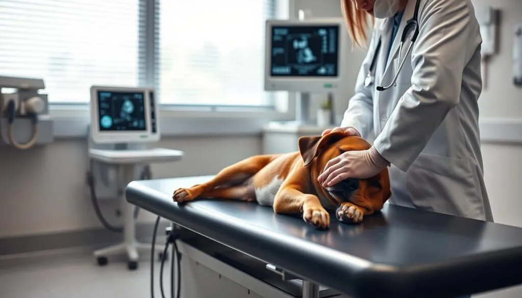 A well-lit examination room in a veterinary clinic, a dog lying calmly on an examination table, a veterinarian in a white coat carefully palpating the dog's abdomen, a diagnostic device displaying the results of a gastroesophageal reflux test, the room's clean and sterile atmosphere conveying a sense of professionalism and medical expertise, the scene captured with a Sony A7R IV camera using a polarizer filter to enhance clarity and depth, resulting in a sharply defined, hyperrealistic image.
