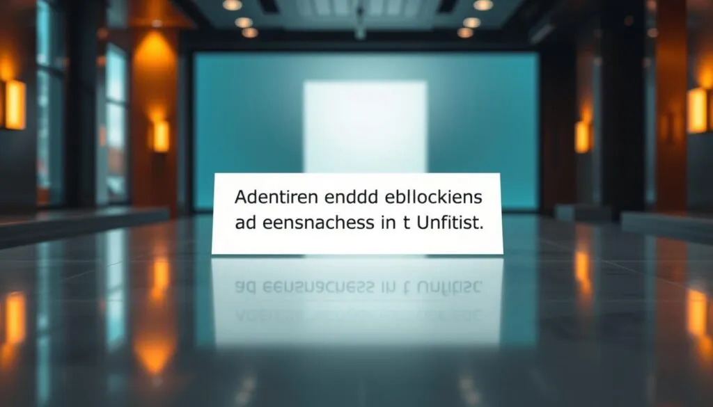 An opulent advertisement display, featuring a sleek and modern platform interface with a prominent warning message about ad-blockers. The polished surface reflects the warm lighting, casting a soft glow across the scene. Subtle gradients in the background suggest depth and dimensionality, while the central message stands out with a bold, minimalist typography. The overall aesthetic conveys a sense of professionalism and digital sophistication, perfectly suited to illustrate the 