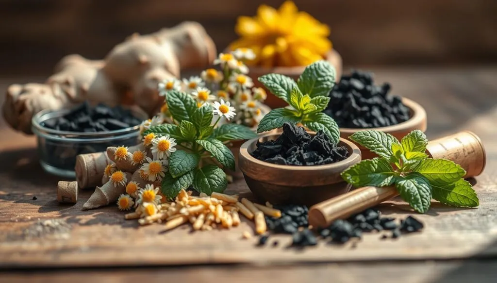 Detailed close-up image of various natural remedies for dog nausea, including ginger, chamomile, peppermint, and activated charcoal. Arranged artfully on a wooden surface, with a shallow depth of field to emphasize the foreground elements. Soft, natural lighting from the side creates warm, soothing tones and long shadows. The scene conveys a sense of simplicity, practicality, and care for the well-being of the canine subject. Shot on Sony A7R IV, clearly focused, sharply defined, polarizer filter, Hyperrealistic image.