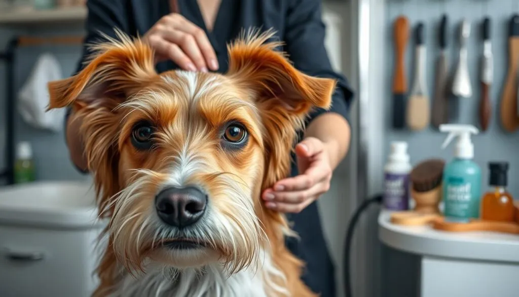 Detailed, high-resolution image of a dog undergoing a grooming session, shot with a Sony A7R IV camera using a polarizer filter for enhanced clarity. In the foreground, the dog's face is in sharp focus, with fur neatly combed and bathed. The middle ground showcases the groomer's skilled hands working through the dog's coat, gently removing any tangles or debris. The background depicts a well-equipped grooming station, with various brushes, shampoos, and other grooming tools neatly arranged, conveying a sense of hygiene and care. The overall scene exudes a calm, serene atmosphere, highlighting the importance of proper dog hygiene and fur maintenance as a natural solution to maintaining a healthy, odor-free companion.