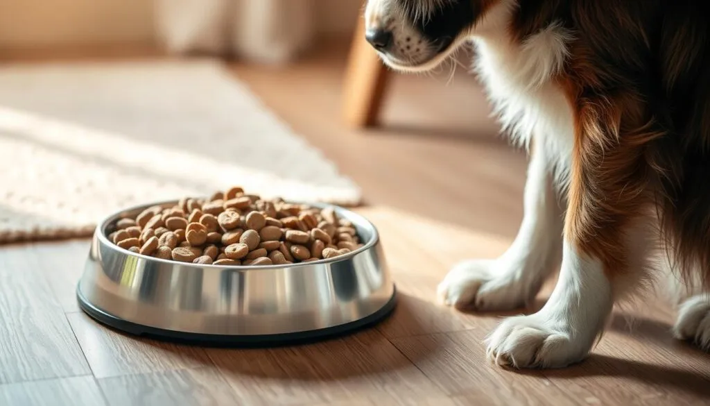 Detailed scene of a dog's food bowl, filled with a balanced, high-quality dry dog food. The bowl sits on a wooden floor, with a neutral-colored rug providing a soft, natural backdrop. The lighting is warm and natural, creating a cozy, inviting atmosphere. The dog is in the foreground, attentively watching the bowl, anticipating their meal. The dog's coat is well-groomed and shiny, reflecting the care and attention given to its nutrition and overall health. The entire scene conveys a sense of harmony, balance, and a tailored approach to the dog's dietary needs. Detailed scene of a dog's food bowl, filled with a balanced, high-quality dry dog food. The bowl sits on a wooden floor, with a neutral-colored rug providing a soft, natural backdrop. The lighting is warm and natural, creating a cozy, inviting atmosphere. The dog is in the foreground, attentively watching the bowl, anticipating their meal. The dog's coat is well-groomed and shiny, reflecting the care and attention given to its nutrition and overall health. The entire scene conveys a sense of harmony, balance, and a tailored approach to the dog's dietary needs.