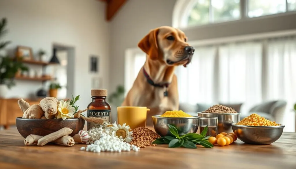 Shot on Sony A7R IV, a carefully composed image depicting a dog's feeding strategies for preventing nausea. The foreground showcases a range of natural, dog-friendly ingredients such as ginger, chamomile, and probiotics, artfully arranged on a wooden surface. The middle ground features the dog, a playful and alert Labrador retriever, observing the array of food options. The background is a serene, minimalist interior with natural lighting filtering through large windows, conveying a sense of calm and wellness. The overall mood is one of care, attention to detail, and a holistic approach to canine health and well-being. Polarizer filter used to enhance depth and clarity, resulting in a hyperrealistic and visually striking image.