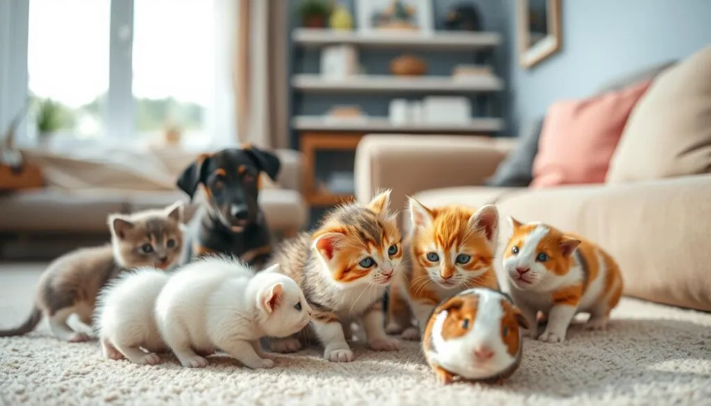 Shot on Sony A7R IV, a group of young kittens and other small household pets, such as a playful puppy and a curious guinea pig, are gathered together in a cozy, well-lit living room setting. The kittens are interacting with the other animals, exploring their new surroundings with a sense of wonder and curiosity. The scene is captured with a polarizer filter, resulting in a crisp, clear, and hyperrealistic image that highlights the vibrant colors and textures of the animals' fur and the soft, plush fabrics of the furniture. The overall mood is one of joy, playfulness, and harmony, as the various pets coexist peacefully in their shared domestic space. Shot on Sony A7R IV, a group of young kittens and other small household pets, such as a playful puppy and a curious guinea pig, are gathered together in a cozy, well-lit living room setting. The kittens are interacting with the other animals, exploring their new surroundings with a sense of wonder and curiosity. The scene is captured with a polarizer filter, resulting in a crisp, clear, and hyperrealistic image that highlights the vibrant colors and textures of the animals' fur and the soft, plush fabrics of the furniture. The overall mood is one of joy, playfulness, and harmony, as the various pets coexist peacefully in their shared domestic space.