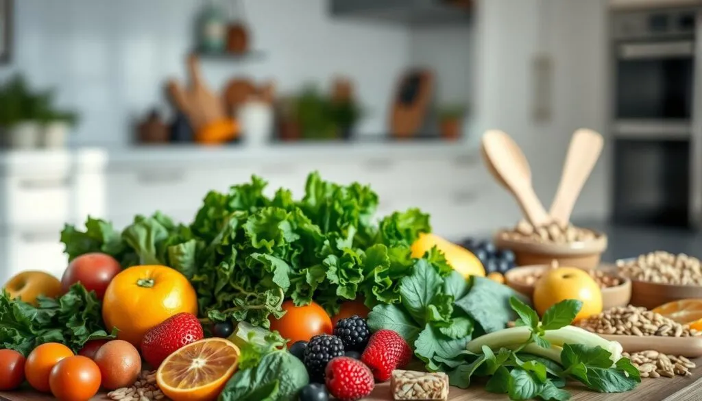Shot on Sony A7R IV, a highly detailed and sharply focused image of a healthy, vibrant anti-candida diet. In the foreground, a variety of fresh, organic vegetables and fruits, such as leafy greens, berries, and citrus, arranged in a visually appealing manner. In the middle ground, whole grains, nuts, and seeds, representing the complex carbohydrates and healthy fats essential for this specialized diet. In the background, a clean, minimalist kitchen setting, with natural lighting casting a warm, inviting glow over the scene. The overall mood is one of wellness, balance, and a commitment to holistic, anti-fungal nutrition.