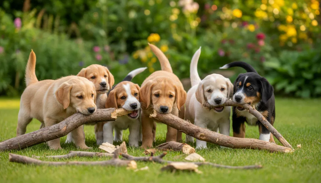 Welpen kauen auf natürlichem Holz
